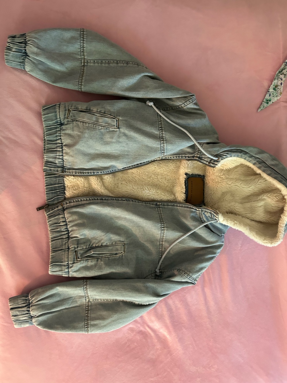 American Eagle Outfitters Cream Sherpa-Lined Denim Jacket